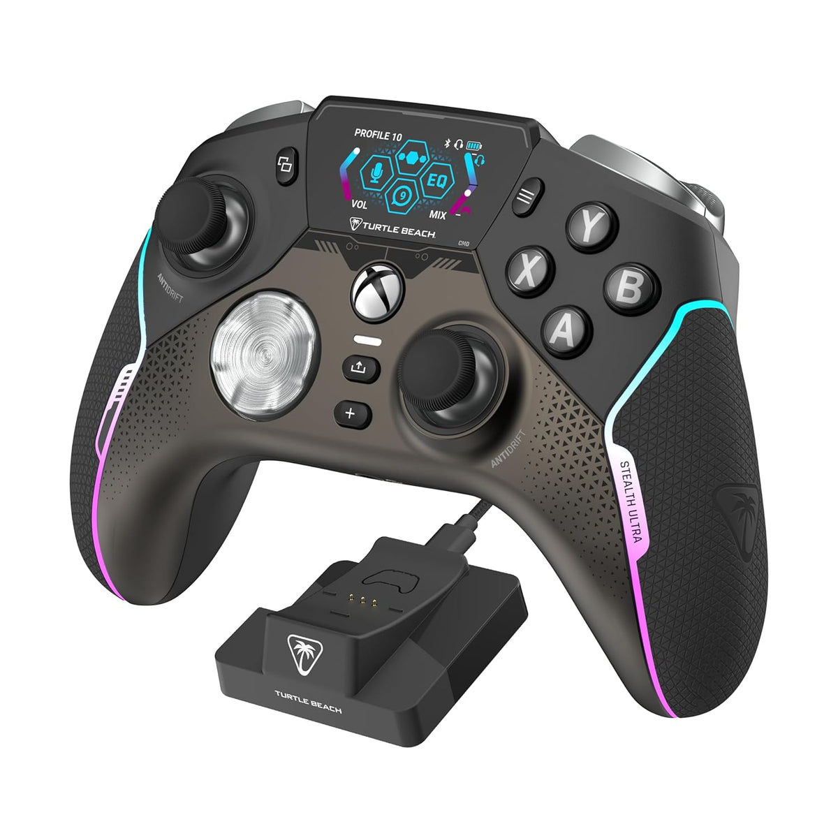 Turtle Beach Stealth Ultra Wireless RGB Gaming Controller. Xbox Series X|S | Also works with PC. Xbox One. Android. Bluetooth. Customizable Display Screen. Rapid Charging Dock. 30-Hr Battery