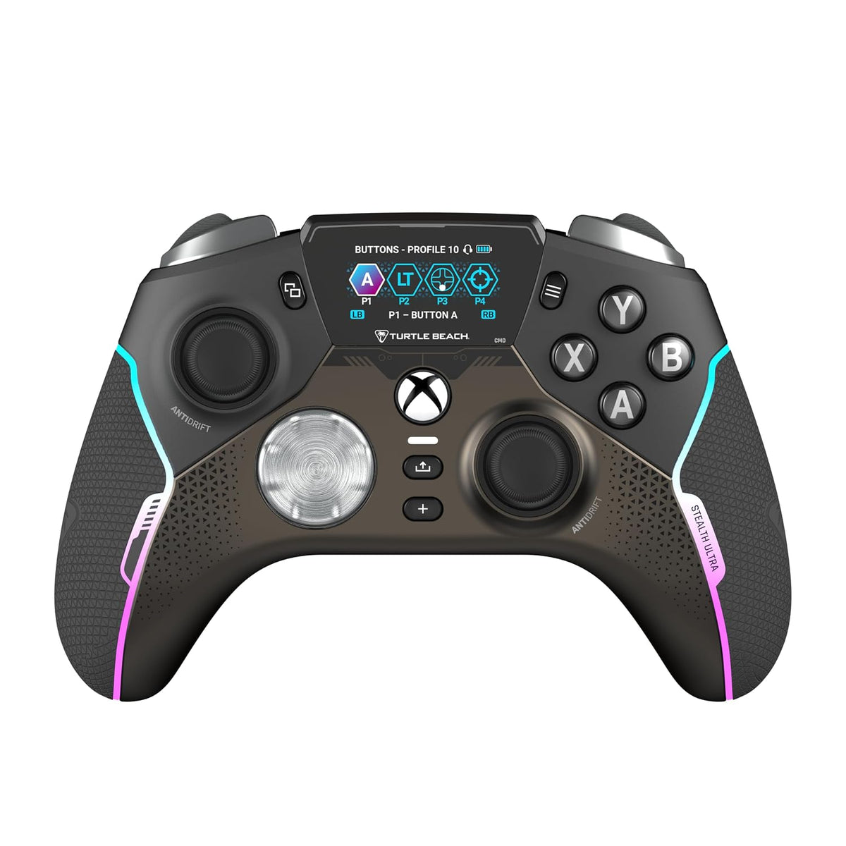 Turtle Beach Stealth Ultra Wireless RGB Gaming Controller. Xbox Series X|S | Also works with PC. Xbox One. Android. Bluetooth. Customizable Display Screen. Rapid Charging Dock. 30-Hr Battery