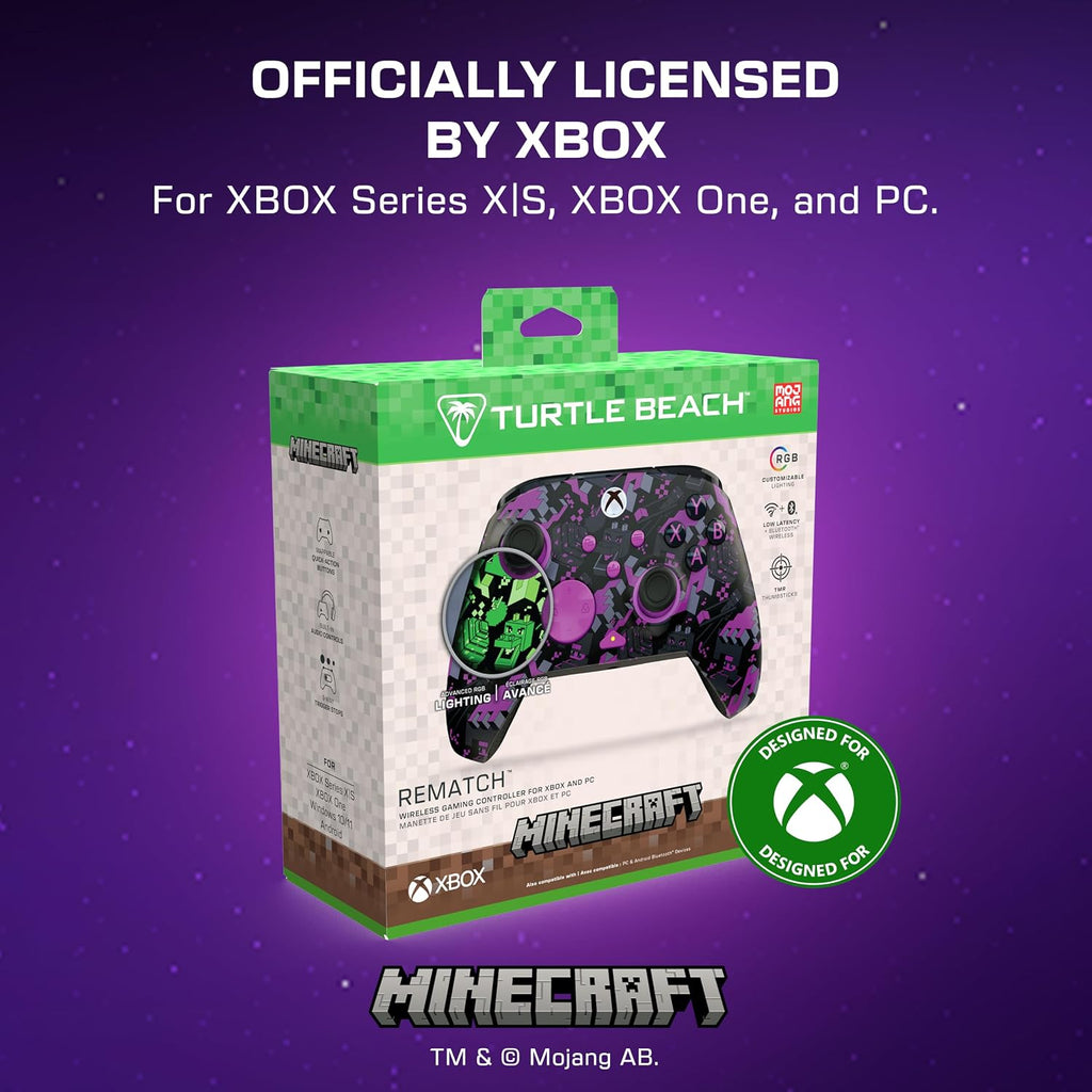 Turtle Beach Rematch Minecraft Wireless RGB Gaming Controller - Licensed for XBOX Series X|S. XBOX One. PC. Android Bluetooth Devices - Rumble Motors. Impulse Triggers. Back Buttons. TMR Thumbsticks